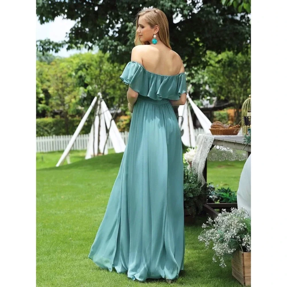 Ever Pretty Dusty Blue Off Shoulder Ruffle Side Split Bridesmaid Dress - Picture 2 of 4